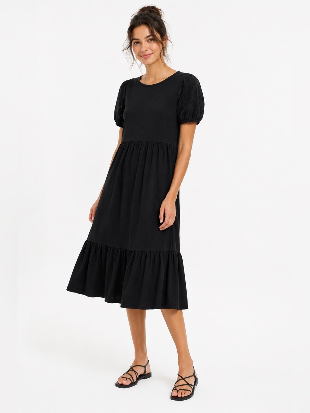 J.Crew black eyelet puff sleeve tiered midi dress small